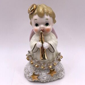 AJAX Christmas Angel Musician Figurine Gold Star Snow Base Horn 4" HTF
